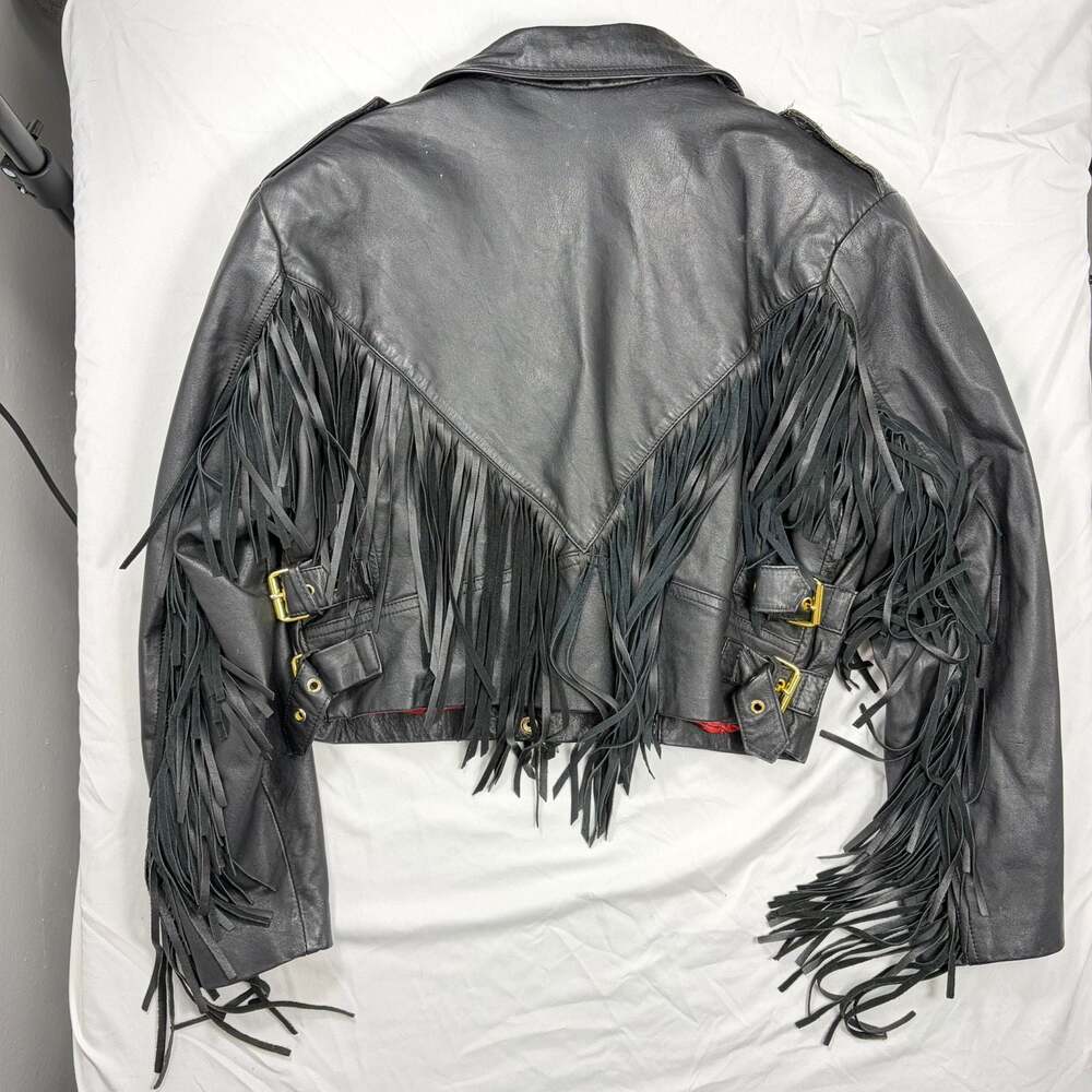Vintage Black Leather Fringe Biker Jacket Size S - Picture 3 of 3